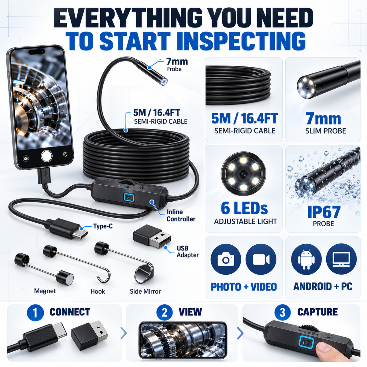 🔥50% OFF🔍 16.4FT HD Endoscope Camera with Light | iPhone & Android Inspection Borescope