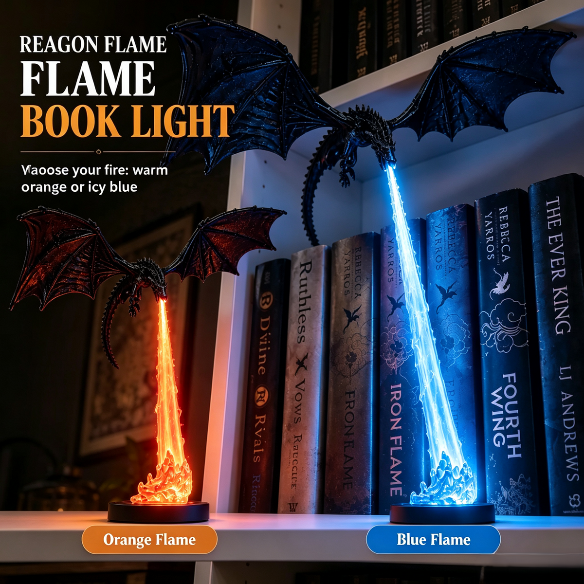 🐉 Fire-Breathing Dragon Bookshelf Decor Lamp + LED Flame Light Kit