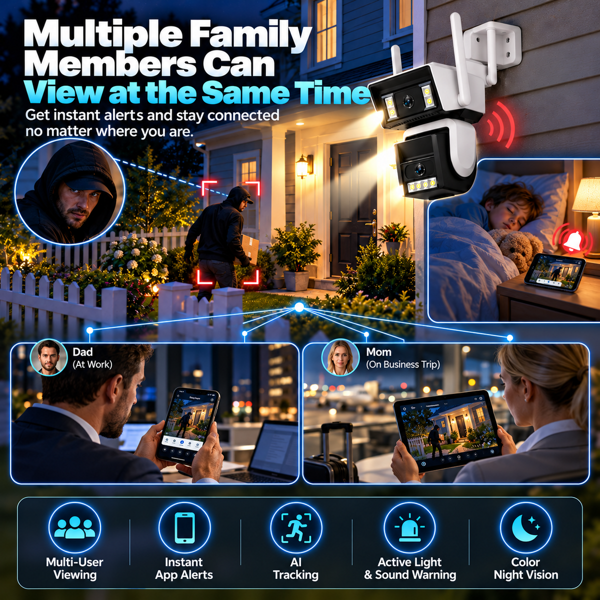 🔥 Dual-Lens 1080P HD Outdoor WiFi Security Camera – AI Motion Tracking, 350° PTZ, Color Night Vision, Two-Way Audio & IP66 Waterproof