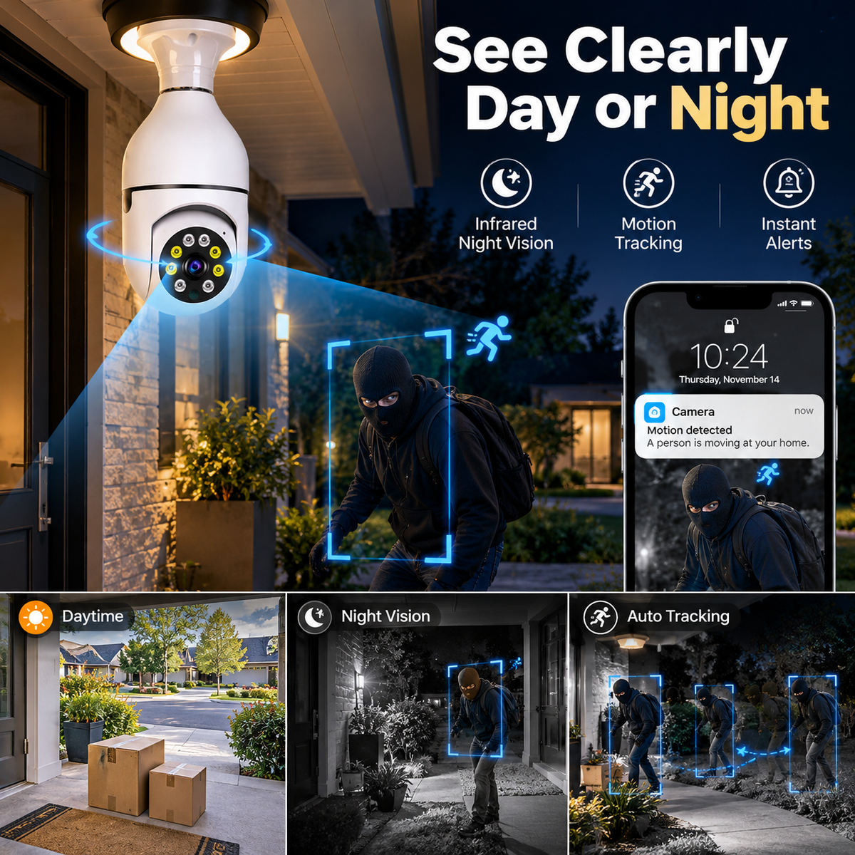 🔥 Limited-Time Sale | Light Bulb Security Camera – Easy Screw-In Installation, 360° Pan & Tilt, Night Vision, Motion Alerts & Two-Way Audio