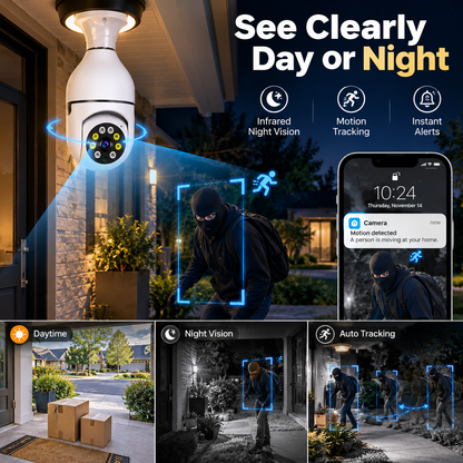 🔥 Limited-Time Sale | Light Bulb Security Camera – Easy Screw-In Installation, 360° Pan & Tilt, Night Vision, Motion Alerts & Two-Way Audio