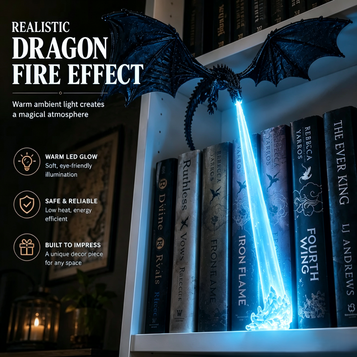 🐉 Fire-Breathing Dragon Bookshelf Decor Lamp + LED Flame Light Kit