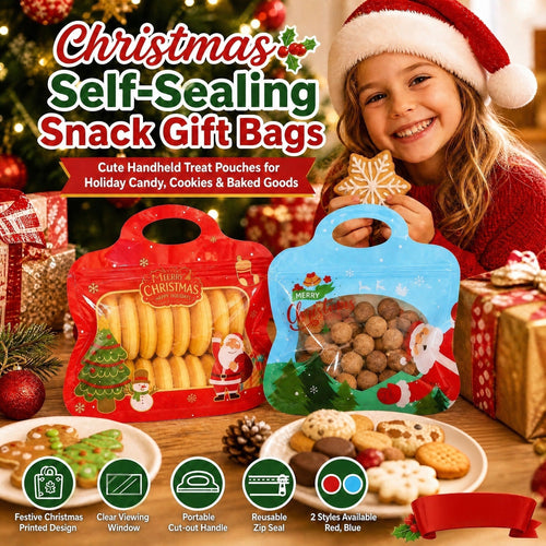 🎁Easy Fill, Easy Seal🎄 Festive Self-Seal Treat Bags – Santa & Snowman Print | Resealable, Food-Safe & Perfect for Cookies, Chocolates & Little Gifts⛄