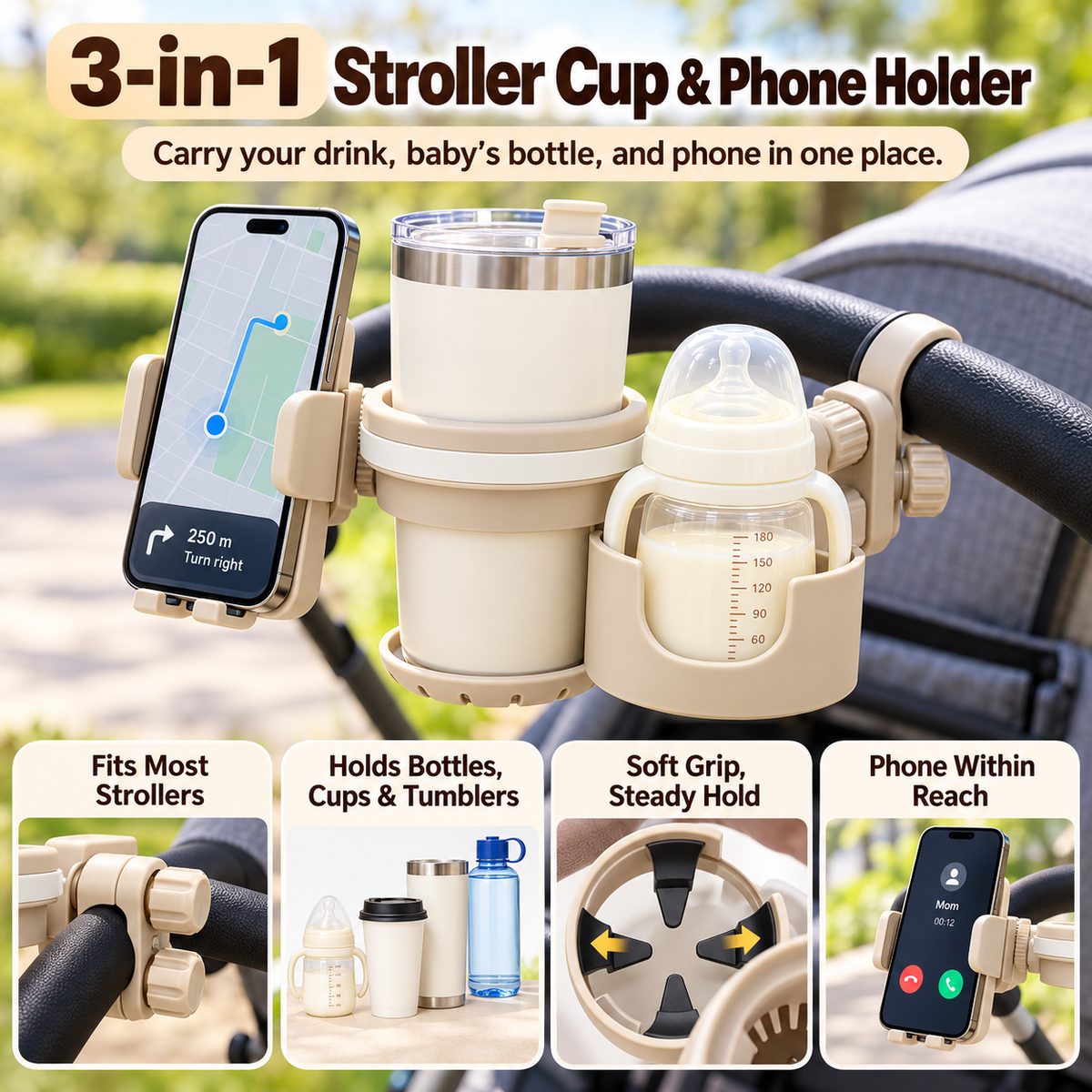 🍼 3-in-1 Stroller Cup Holder with Phone & Baby Bottle Holder – Everyday Convenience for Parents on the Go