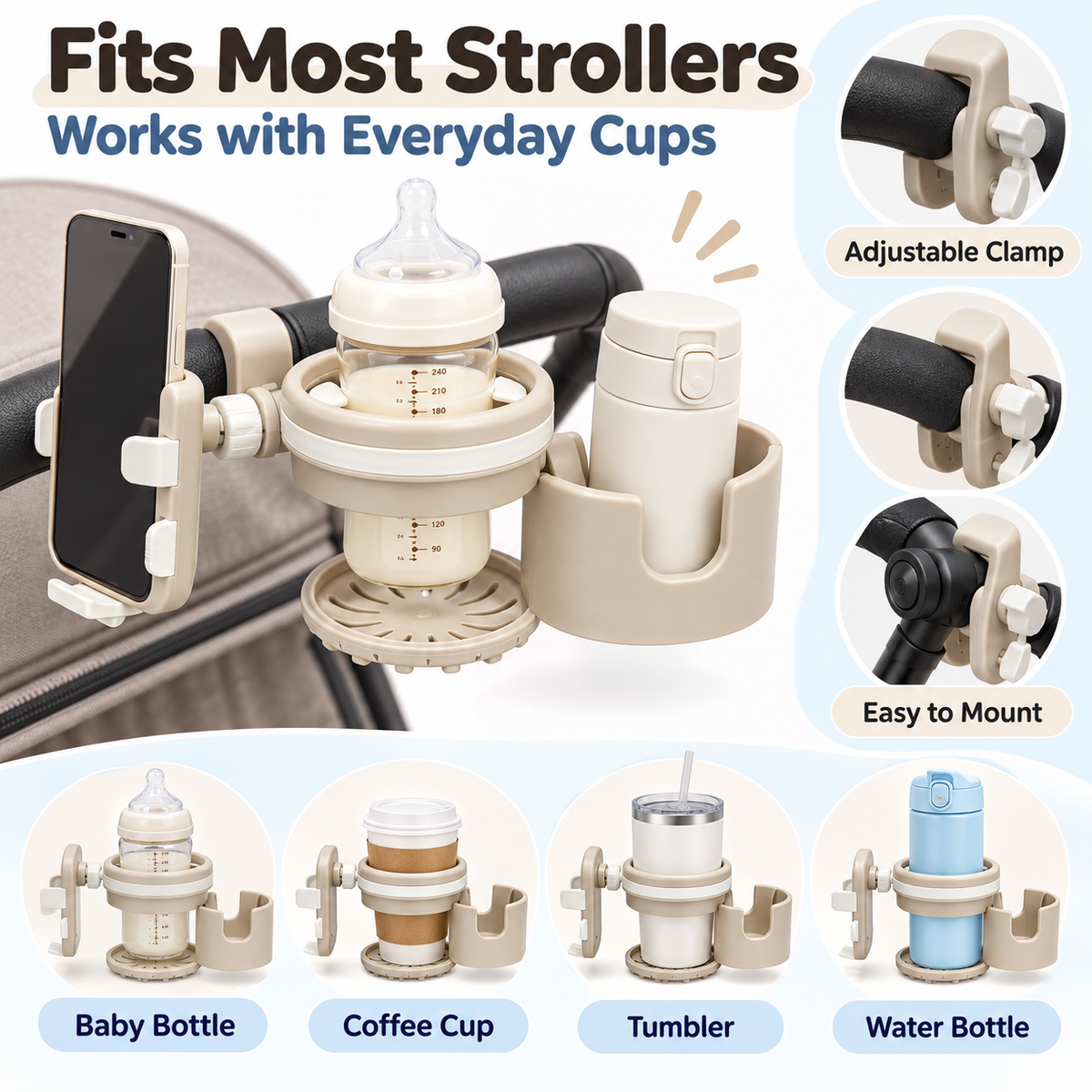 🍼 3-in-1 Stroller Cup Holder with Phone & Baby Bottle Holder – Everyday Convenience for Parents on the Go