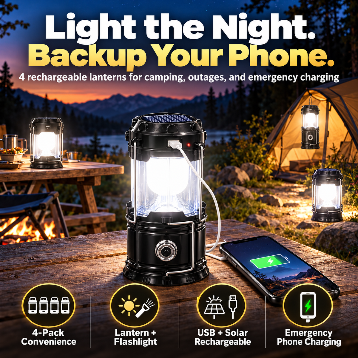 🔥 Limited Time 50% OFF🔋 Solar USB LED Camping Lantern✨ Rechargeable & Waterproof