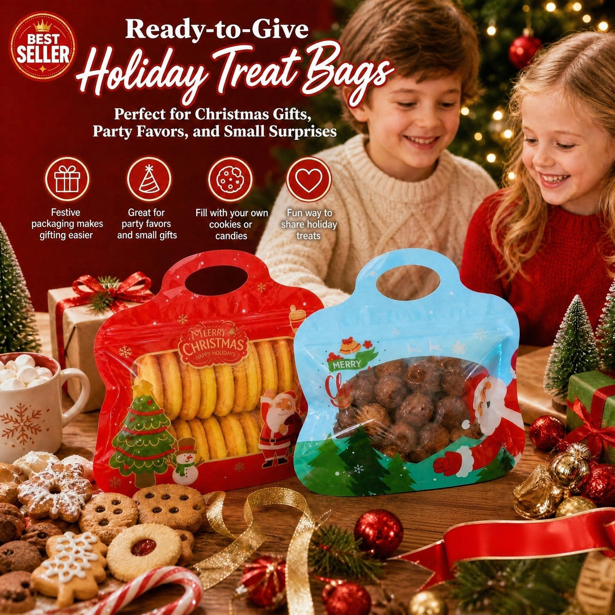 🎁Easy Fill, Easy Seal🎄 Festive Self-Seal Treat Bags – Santa & Snowman Print | Resealable, Food-Safe & Perfect for Cookies, Chocolates & Little Gifts⛄