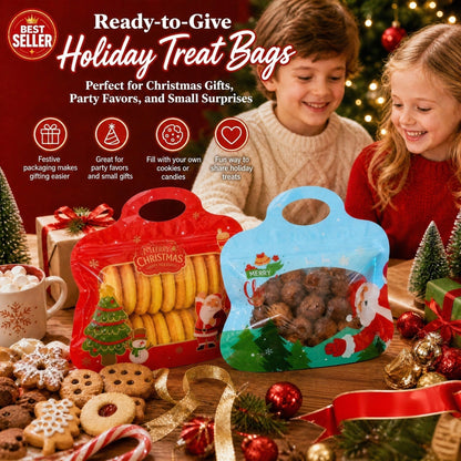 🎁Easy Fill, Easy Seal🎄 Festive Self-Seal Treat Bags – Santa & Snowman Print | Resealable, Food-Safe & Perfect for Cookies, Chocolates & Little Gifts⛄