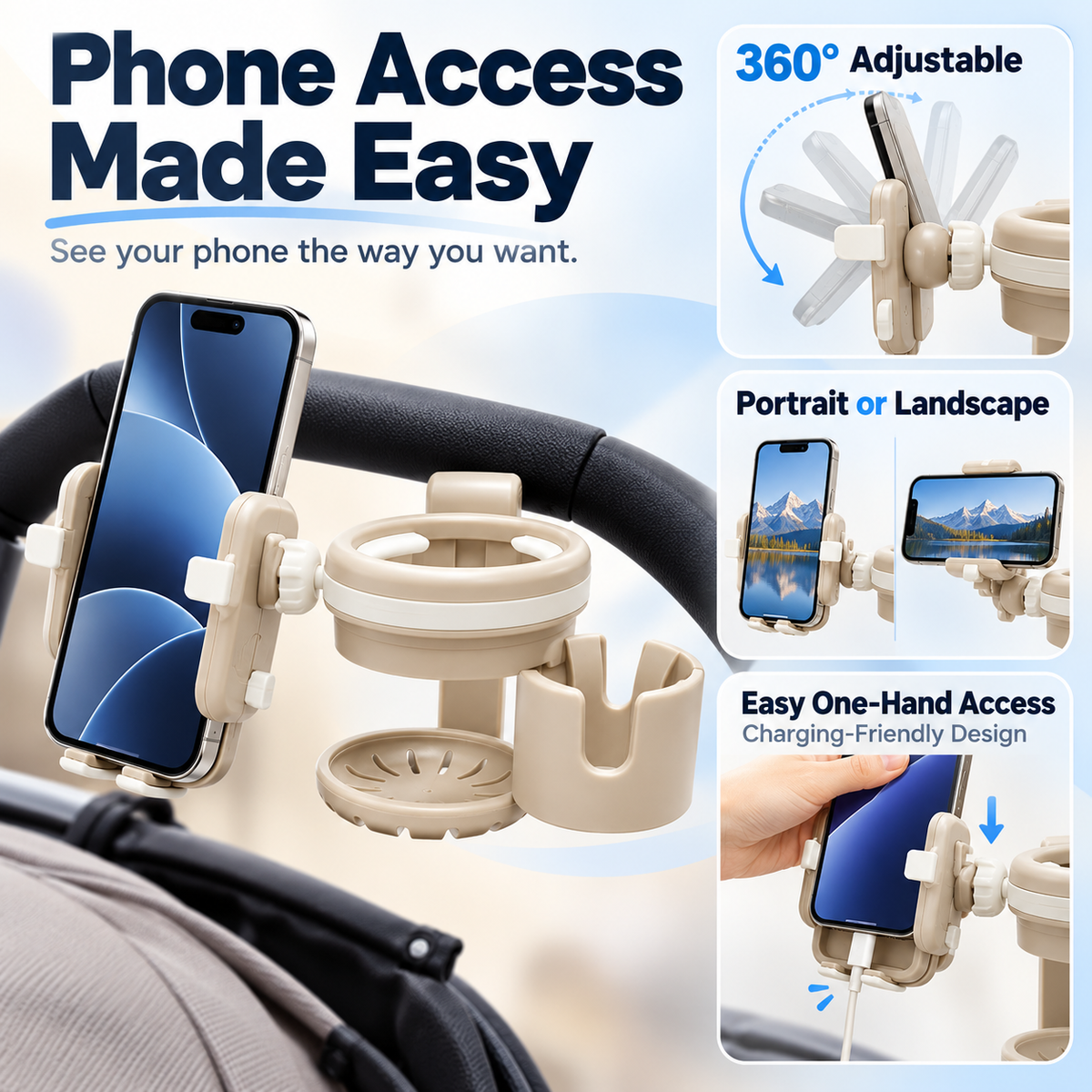 🍼 3-in-1 Stroller Cup Holder with Phone & Baby Bottle Holder – Everyday Convenience for Parents on the Go