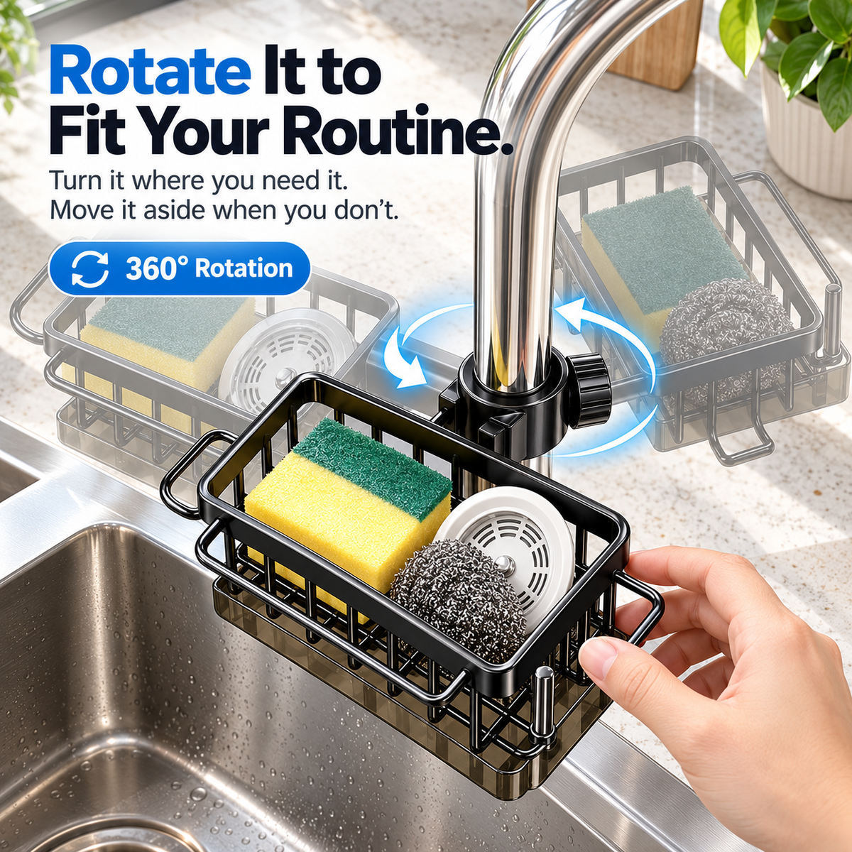 🔥 Special Sale | 360° Rotating Sink Organizer Rack with Drip Tray, Stainless Steel Faucet Sponge Holder for Kitchen & Bathroom, Scrubbers, Soap & Brushes