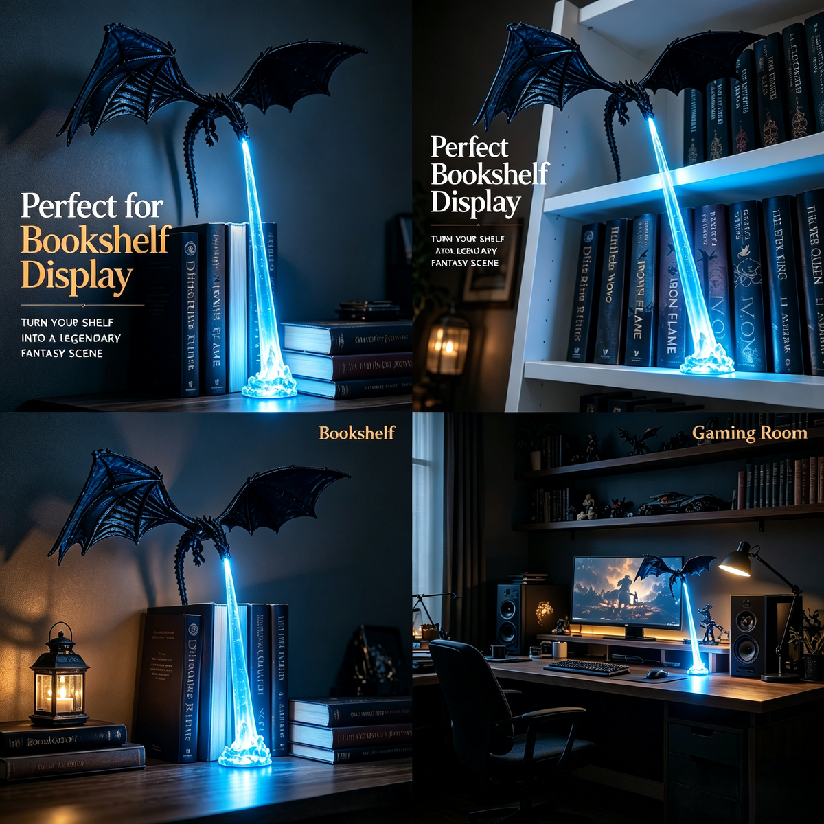 🐉 Fire-Breathing Dragon Bookshelf Decor Lamp + LED Flame Light Kit