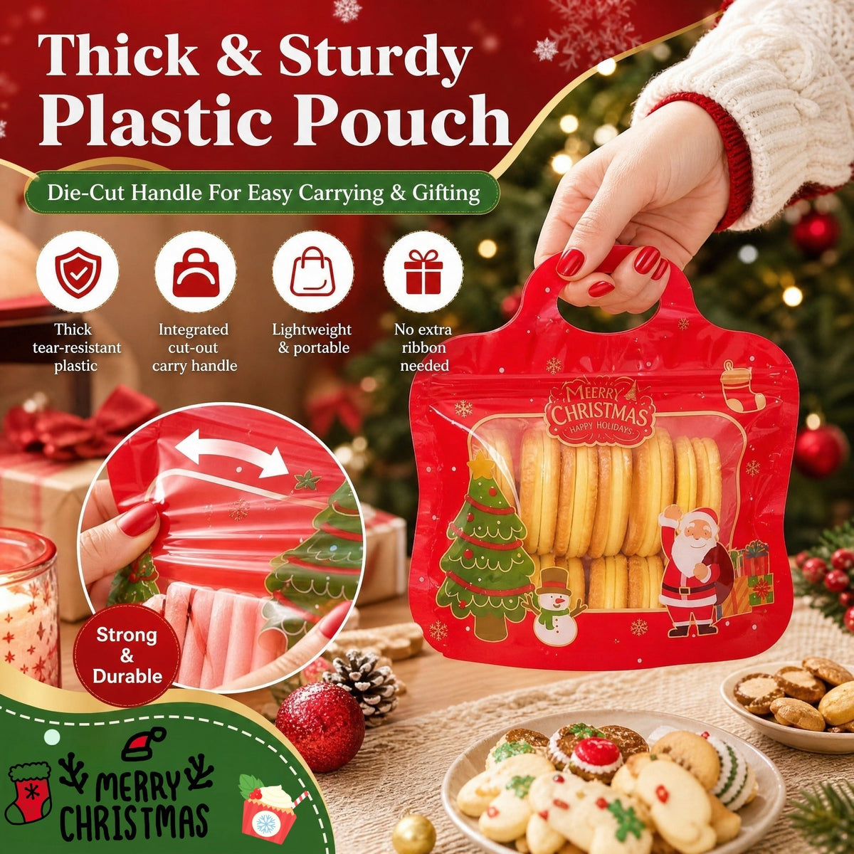 🎁Easy Fill, Easy Seal🎄 Festive Self-Seal Treat Bags – Santa & Snowman Print | Resealable, Food-Safe & Perfect for Cookies, Chocolates & Little Gifts⛄