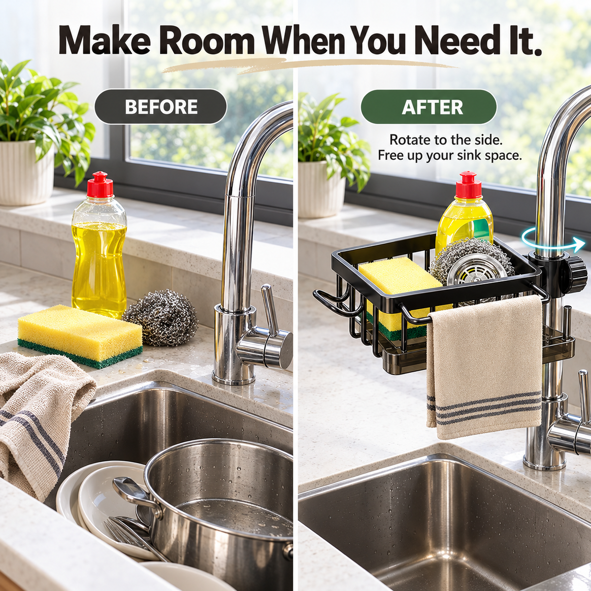 🔥 Special Sale | 360° Rotating Sink Organizer Rack with Drip Tray, Stainless Steel Faucet Sponge Holder for Kitchen & Bathroom, Scrubbers, Soap & Brushes