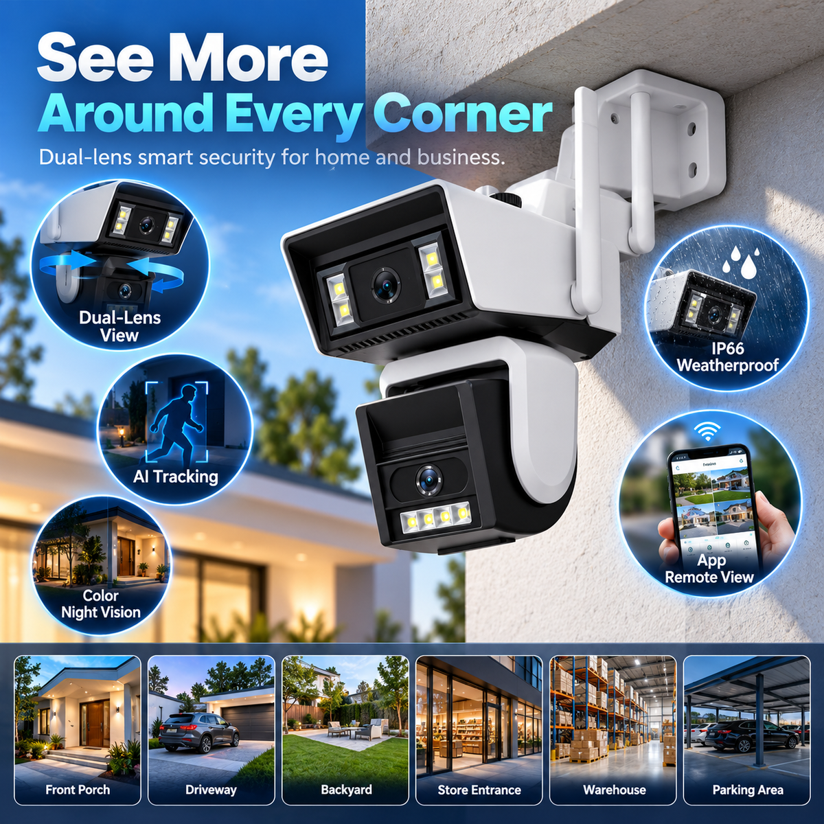 🔥 Dual-Lens 1080P HD Outdoor WiFi Security Camera – AI Motion Tracking, 350° PTZ, Color Night Vision, Two-Way Audio & IP66 Waterproof
