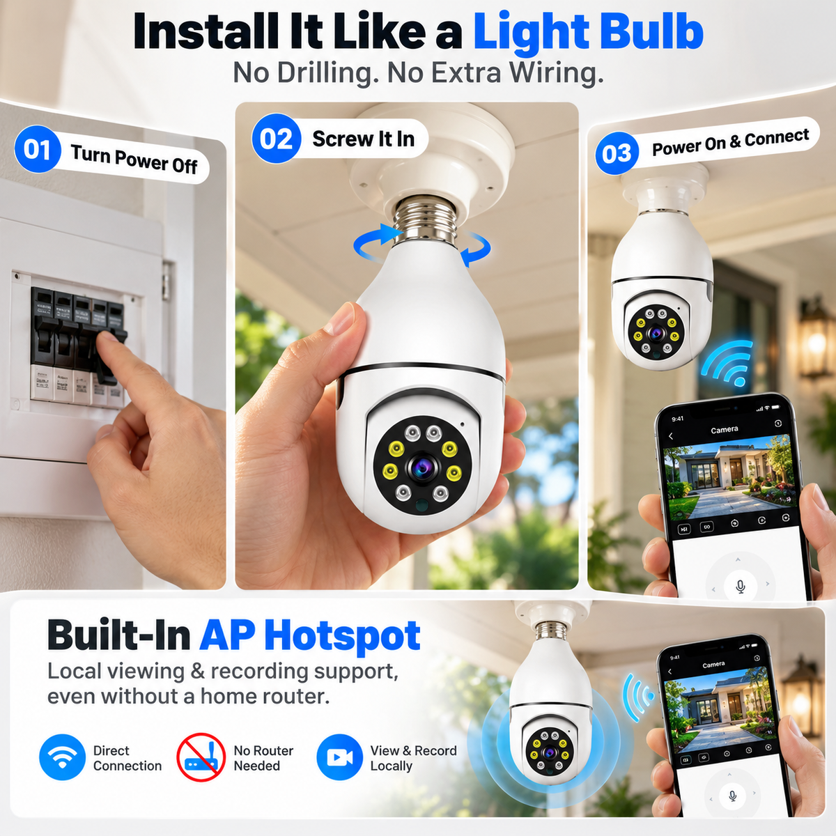 🔥 Limited-Time Sale | Light Bulb Security Camera – Easy Screw-In Installation, 360° Pan & Tilt, Night Vision, Motion Alerts & Two-Way Audio
