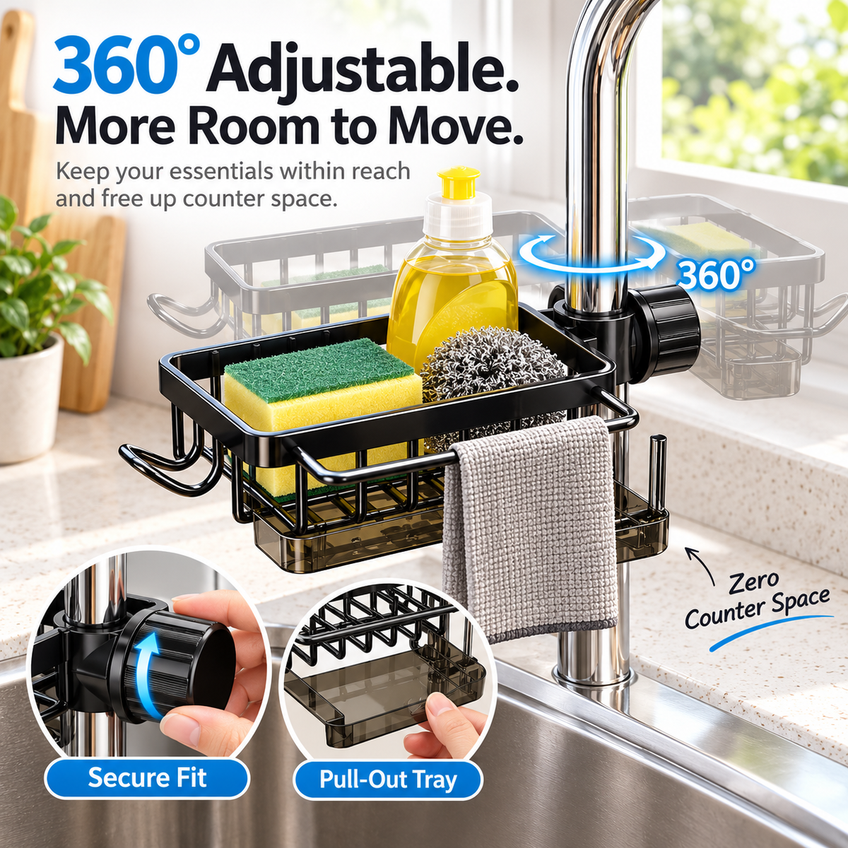 🔥 Special Sale | 360° Rotating Sink Organizer Rack with Drip Tray, Stainless Steel Faucet Sponge Holder for Kitchen & Bathroom, Scrubbers, Soap & Brushes