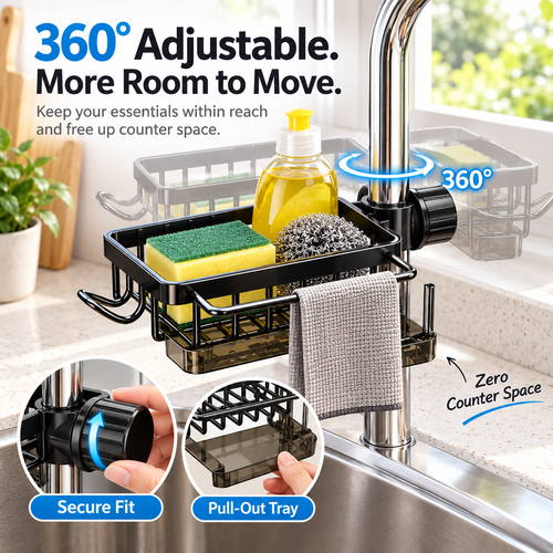 🔥 Special Sale | 360° Rotating Sink Organizer Rack with Drip Tray, Stainless Steel Faucet Sponge Holder for Kitchen & Bathroom, Scrubbers, Soap & Brushes