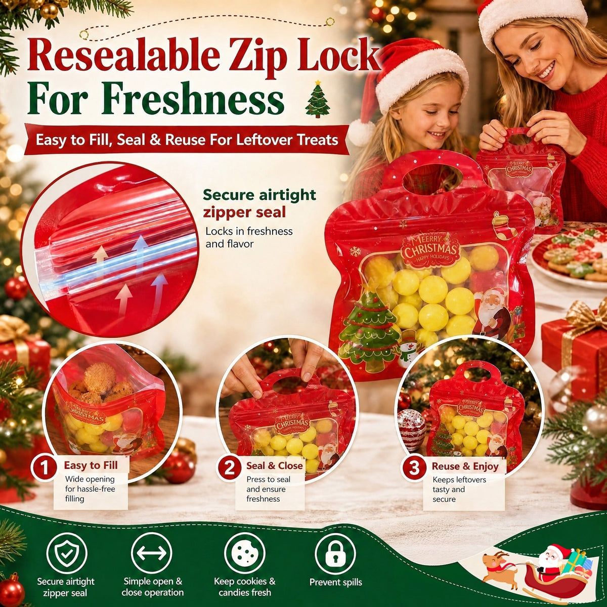 🎁Easy Fill, Easy Seal🎄 Festive Self-Seal Treat Bags – Santa & Snowman Print | Resealable, Food-Safe & Perfect for Cookies, Chocolates & Little Gifts⛄
