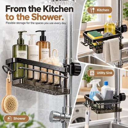 🔥 Special Sale | 360° Rotating Sink Organizer Rack with Drip Tray, Stainless Steel Faucet Sponge Holder for Kitchen & Bathroom, Scrubbers, Soap & Brushes