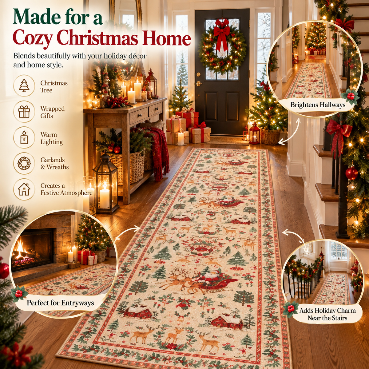 🎄 Bring Christmas Magic Home | Vintage Christmas Runner Rug – Festive Hallway & Entryway Decor