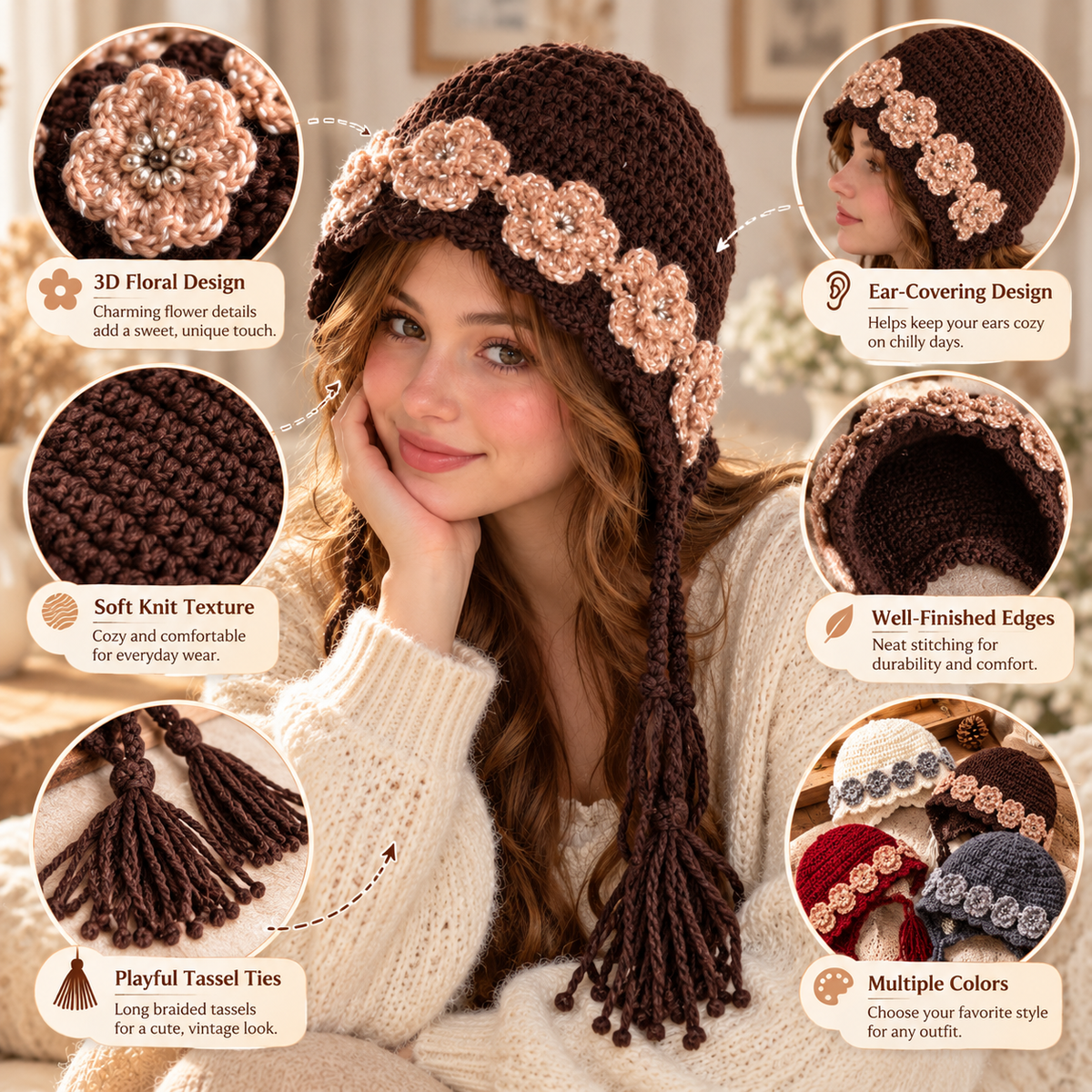 Women's Vintage Floral Crochet Bonnet Hat – 3D Flowers & Tassel Ties