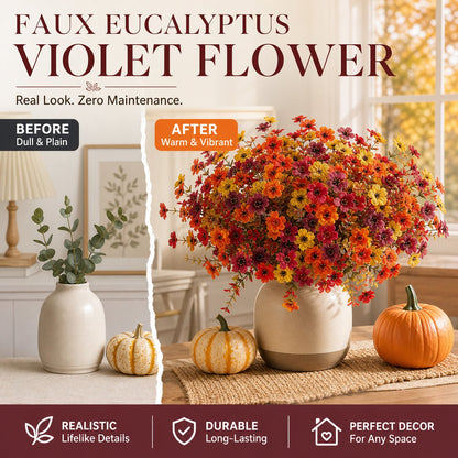 🍂🧡Artificial Autumn Violet Flower Bouquet – Weatherproof Faux Fall Floral Stems for Porch & Home
