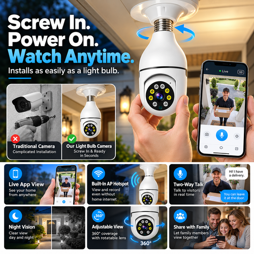 🔥 Limited-Time Sale | Light Bulb Security Camera – Easy Screw-In Installation, 360° Pan & Tilt, Night Vision, Motion Alerts & Two-Way Audio