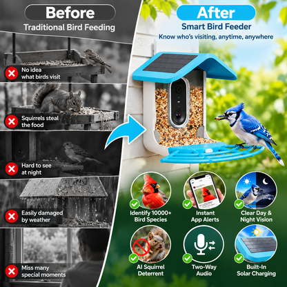 🔥Limited Time 50% OFF🦜Smart Bird Feeder - AI Bird Recognition, High-Definition Camera Monitor, Solar-Powered Pet Feeder