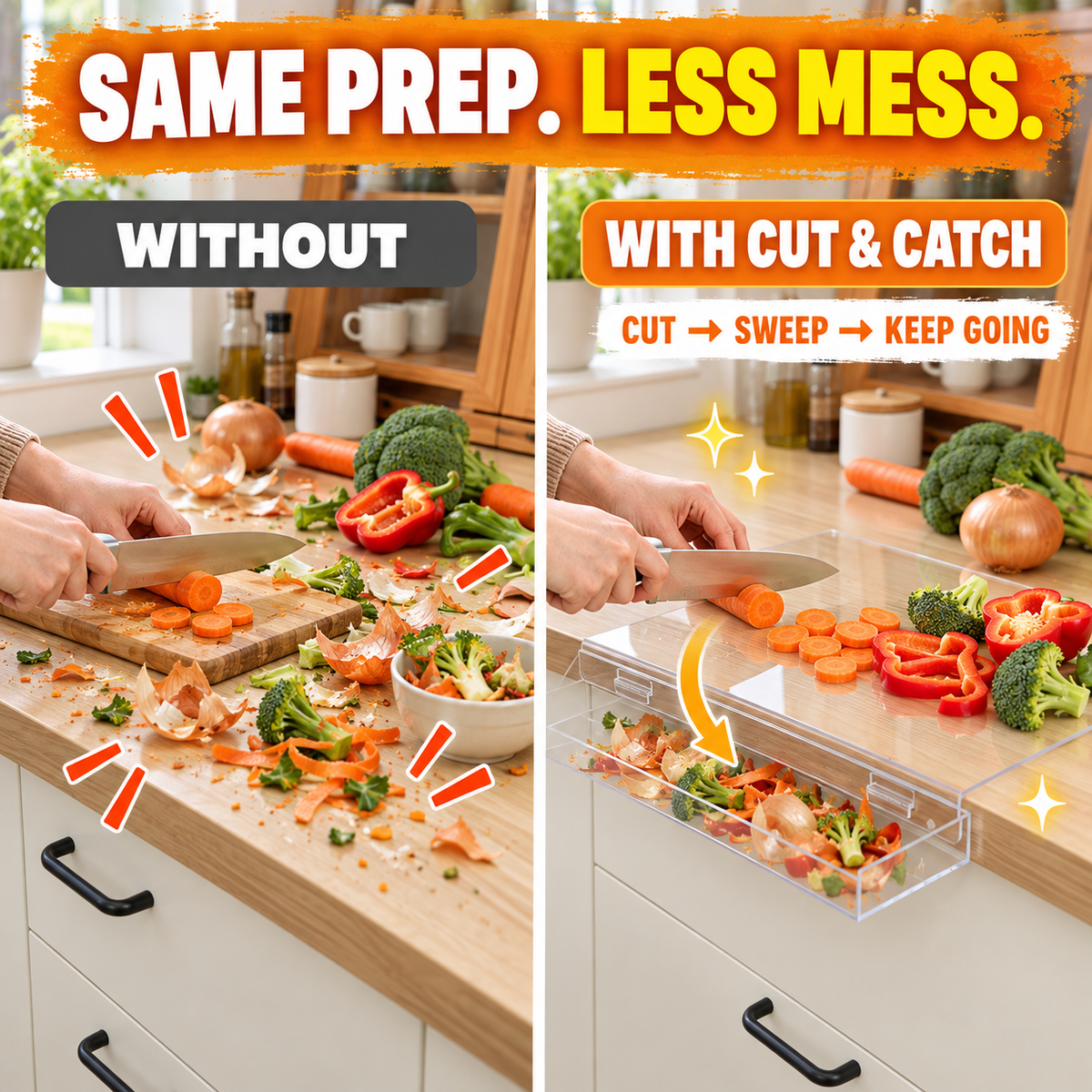 ⚡ 50% OFF🔪 Acrylic Cutting Board✨ Built-In Waste Container & Counter Lip