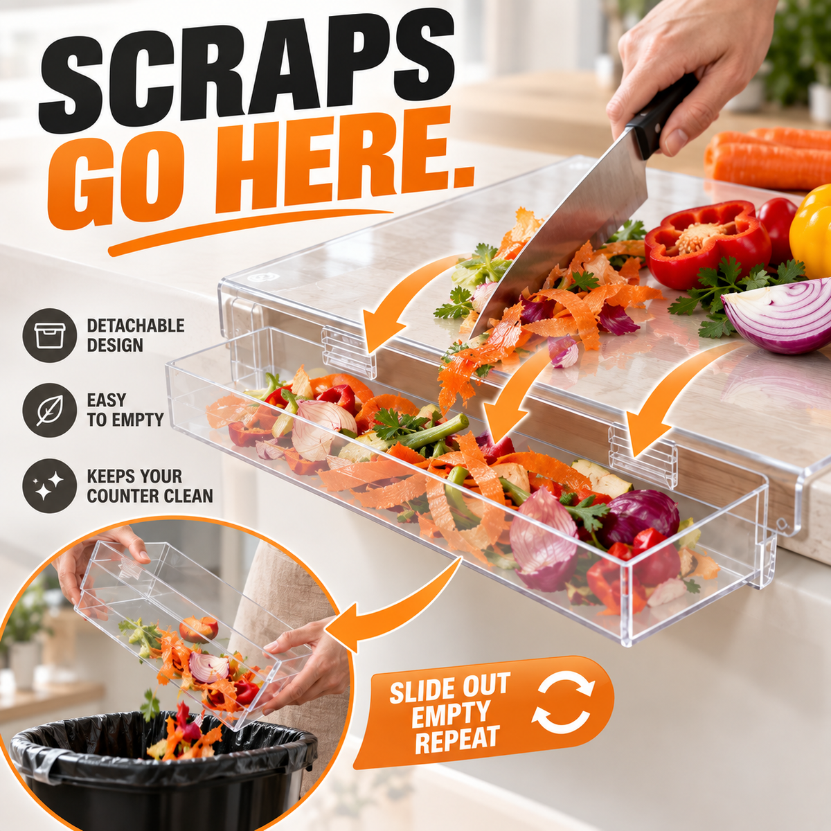⚡ 50% OFF🔪 Acrylic Cutting Board✨ Built-In Waste Container & Counter Lip