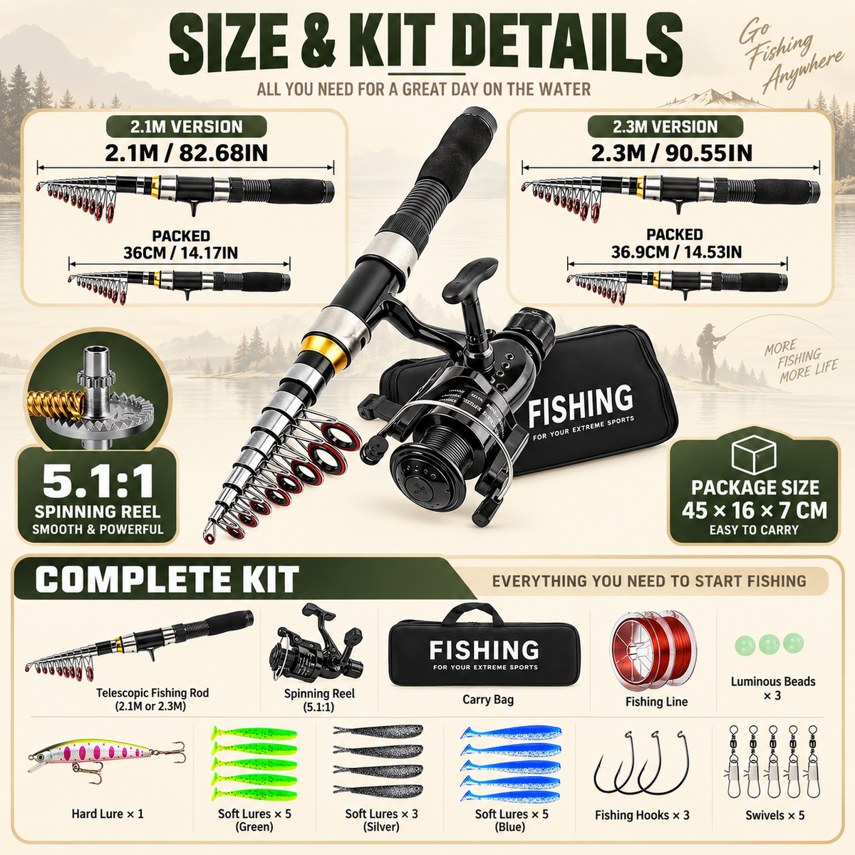 🎣 50% OFF✨🐟 Complete Travel Fishing Gear Set‑Telescopic Fiberglass Rod with Storage Bag 🎒