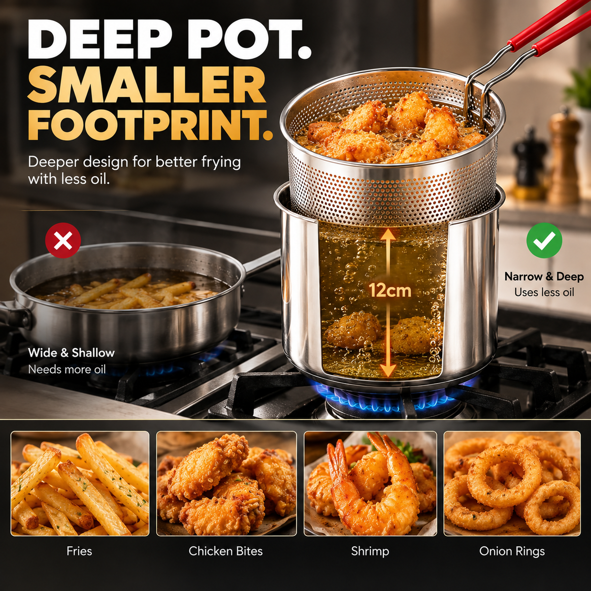 ⚡ 50% OFF🍳 Stainless Steel Deep Fryer Set✨ Durable, Even Heating & Easy Clean