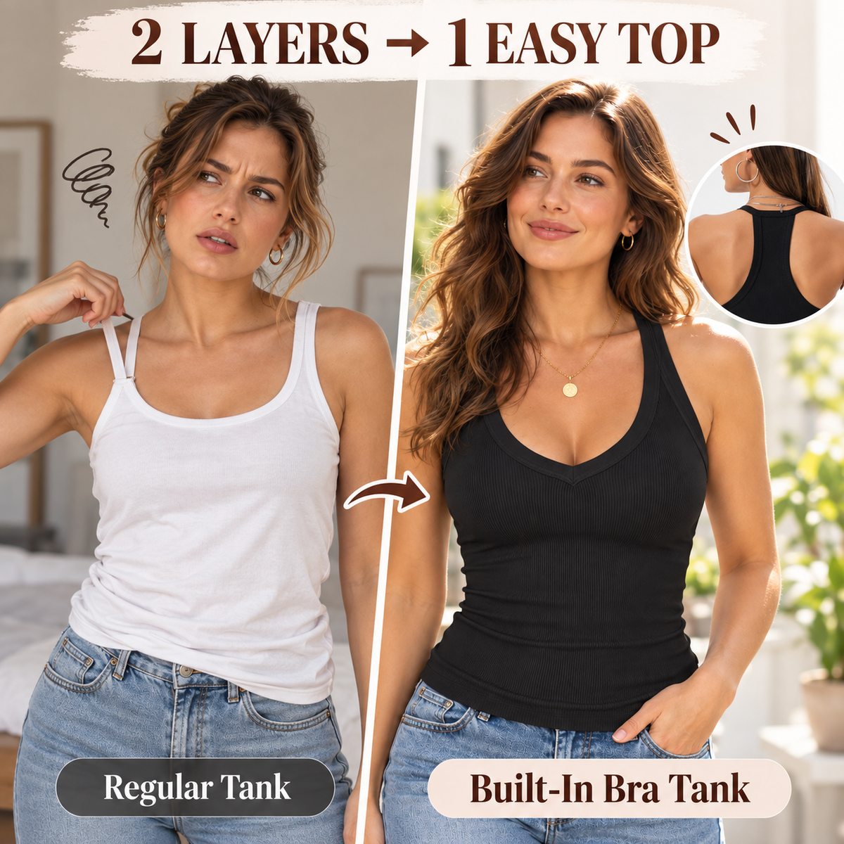 💥 50% OFF👚 Built-In Bra Ribbed Tank Top✨ Supportive & No Bra Needed
