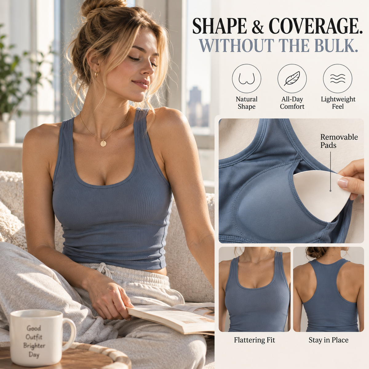 💥 50% OFF👚 Built-In Bra Ribbed Tank Top✨ Supportive & No Bra Needed