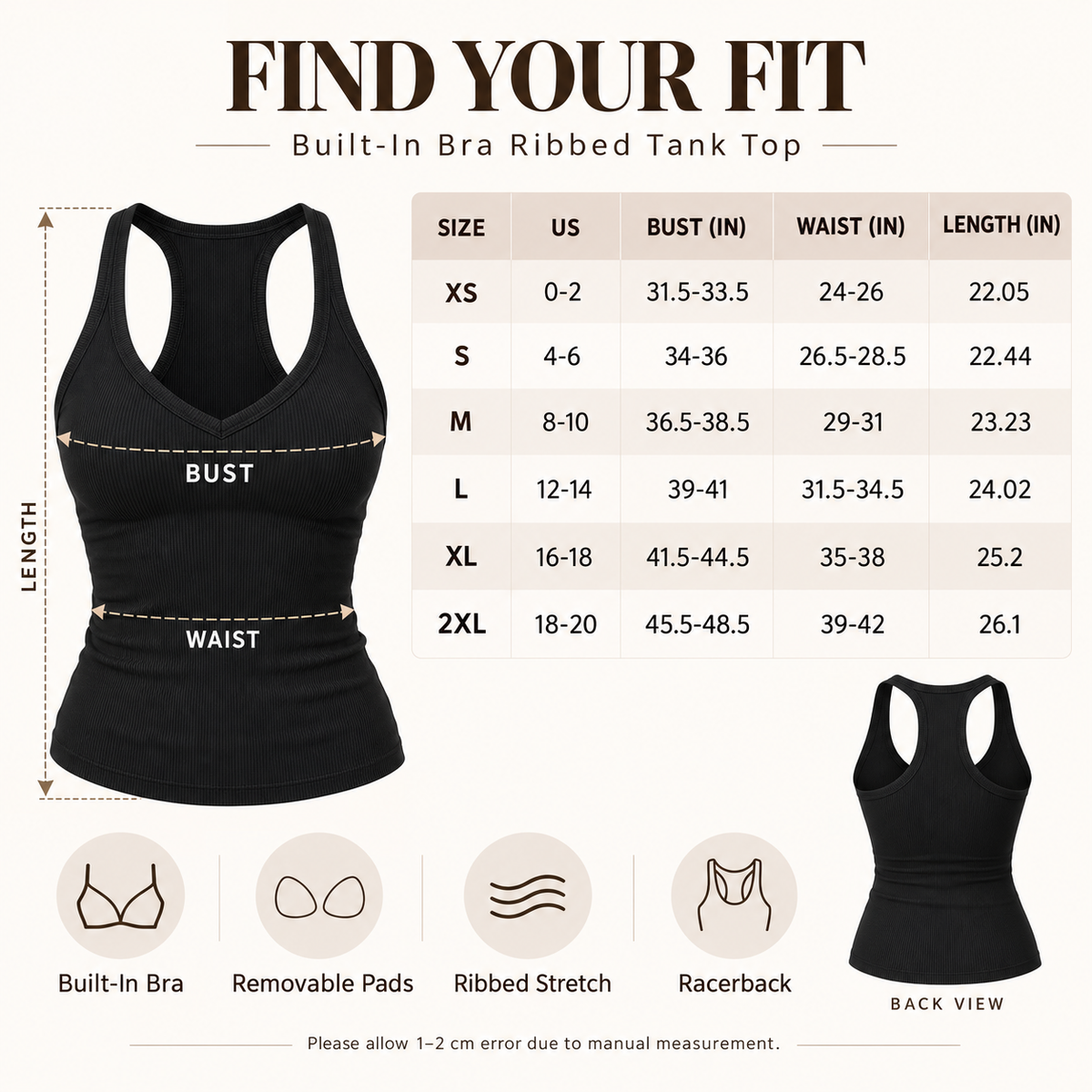 💥 50% OFF👚 Built-In Bra Ribbed Tank Top✨ Supportive & No Bra Needed