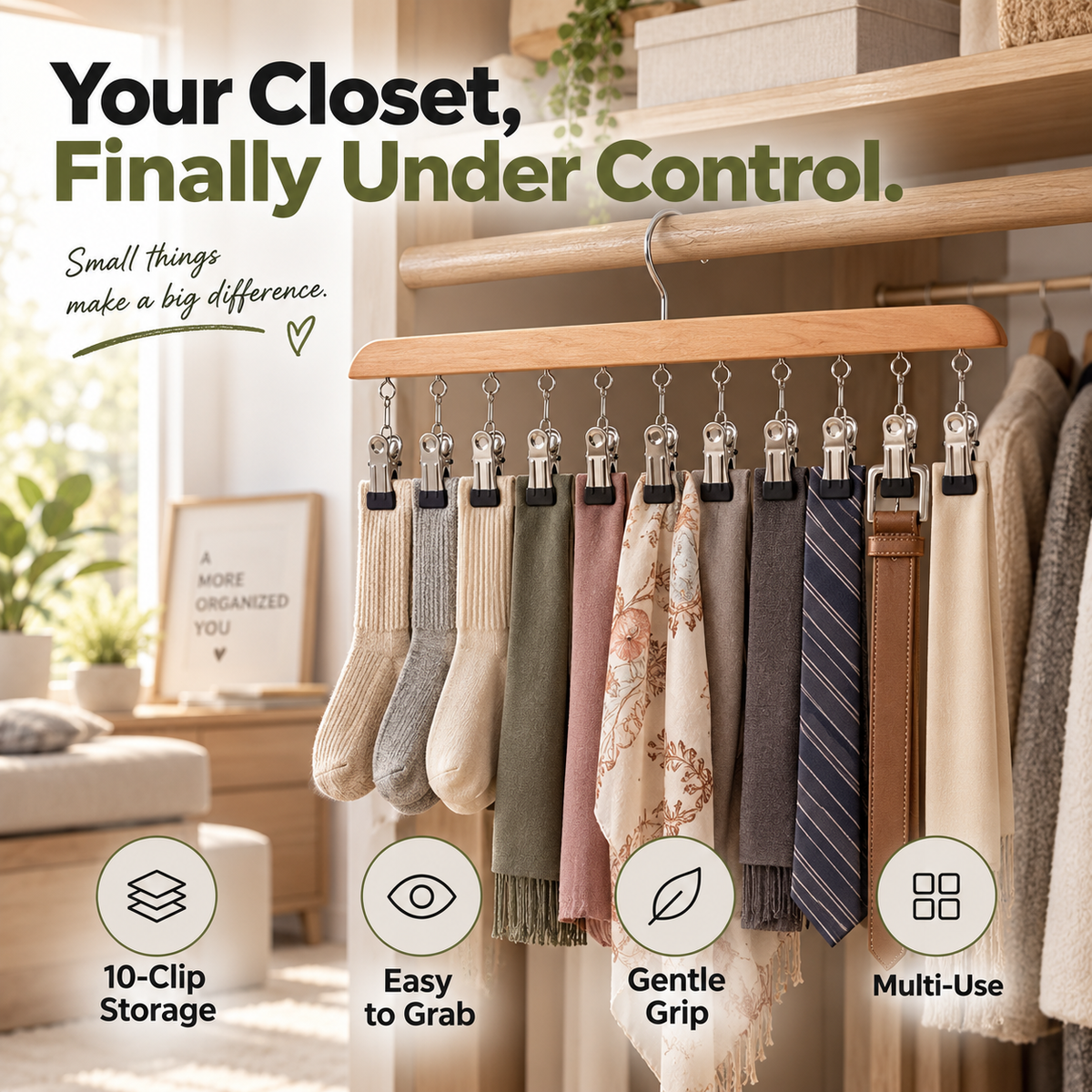 Multi-clip wooden hanger for visible space-saving closet organization