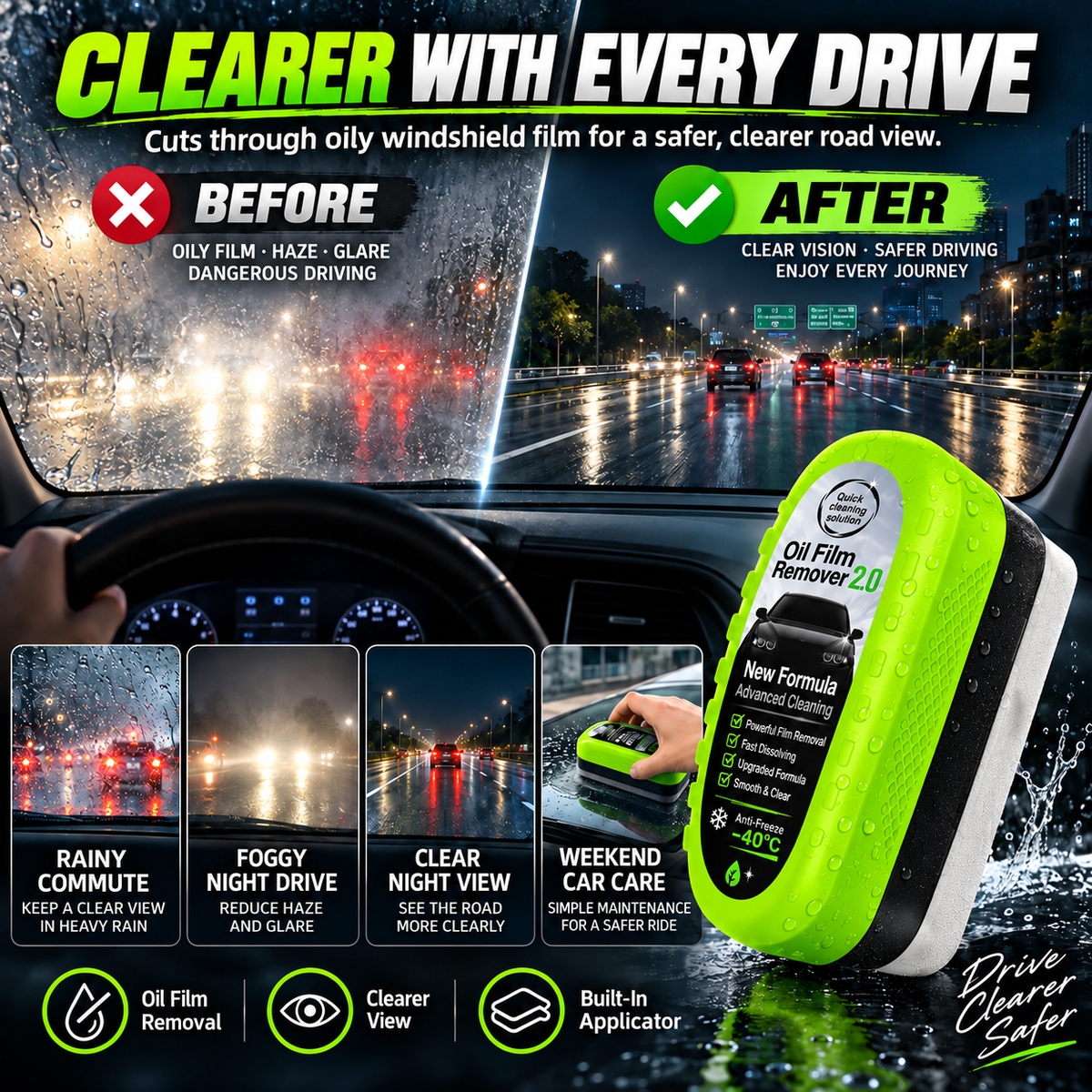 💥 50% OFF 🚗 Windshield Oil Film Remover ✨ Cuts Greasy Haze & Restores Clarity