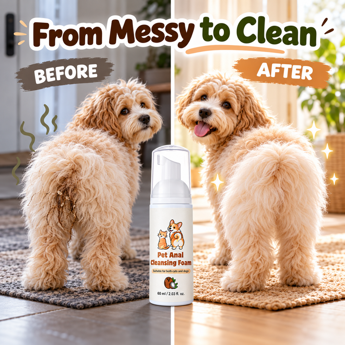 🐾 PET CARE ESSENTIAL | No-Rinse Pet Anal Cleansing Foam – Quick Post-Potty Cleanup for Cats & Dogs