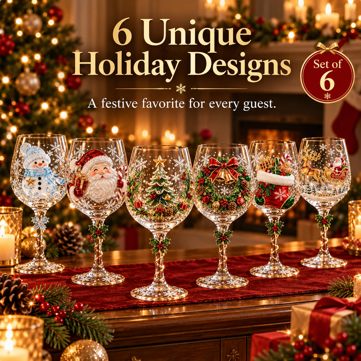 🎄 Christmas Hosting Essential | 6-Piece Festive 3D Wine Glass Gift Set