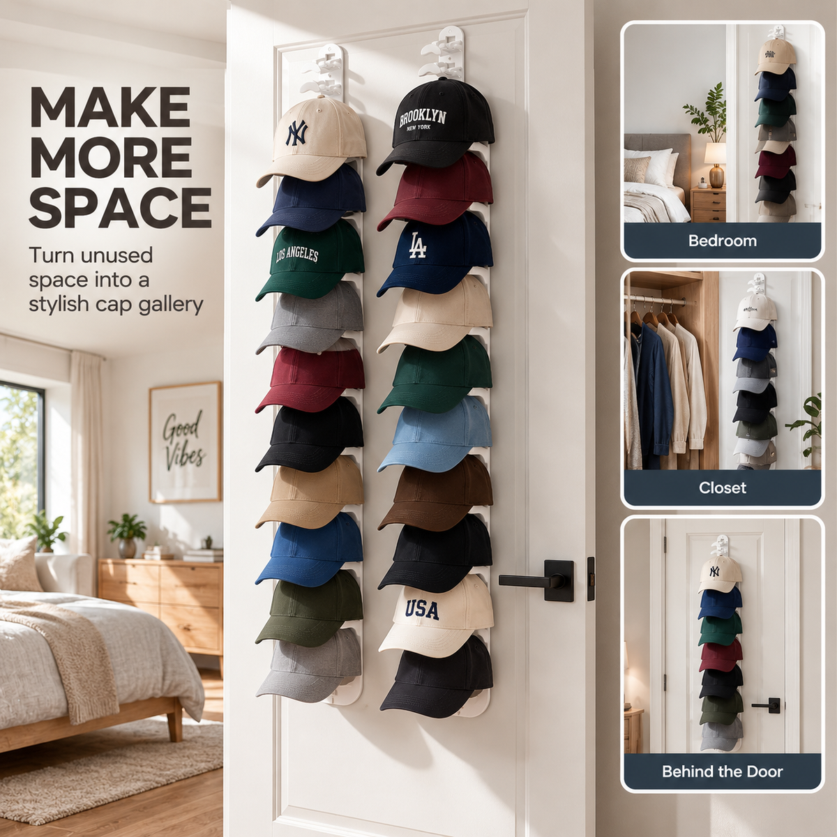Jcocylse Hat Storage for Wall Mount – Baseball Cap Storage & Cap Holder, Space-Saving Hat Rack with Hooks for Hanging Caps