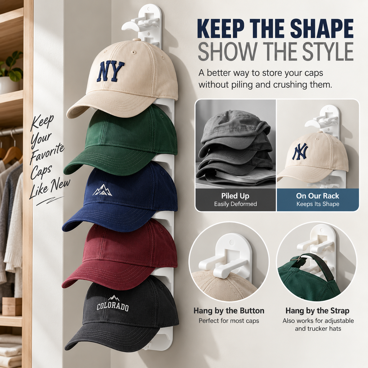 Jcocylse Hat Storage for Wall Mount – Baseball Cap Storage & Cap Holder, Space-Saving Hat Rack with Hooks for Hanging Caps