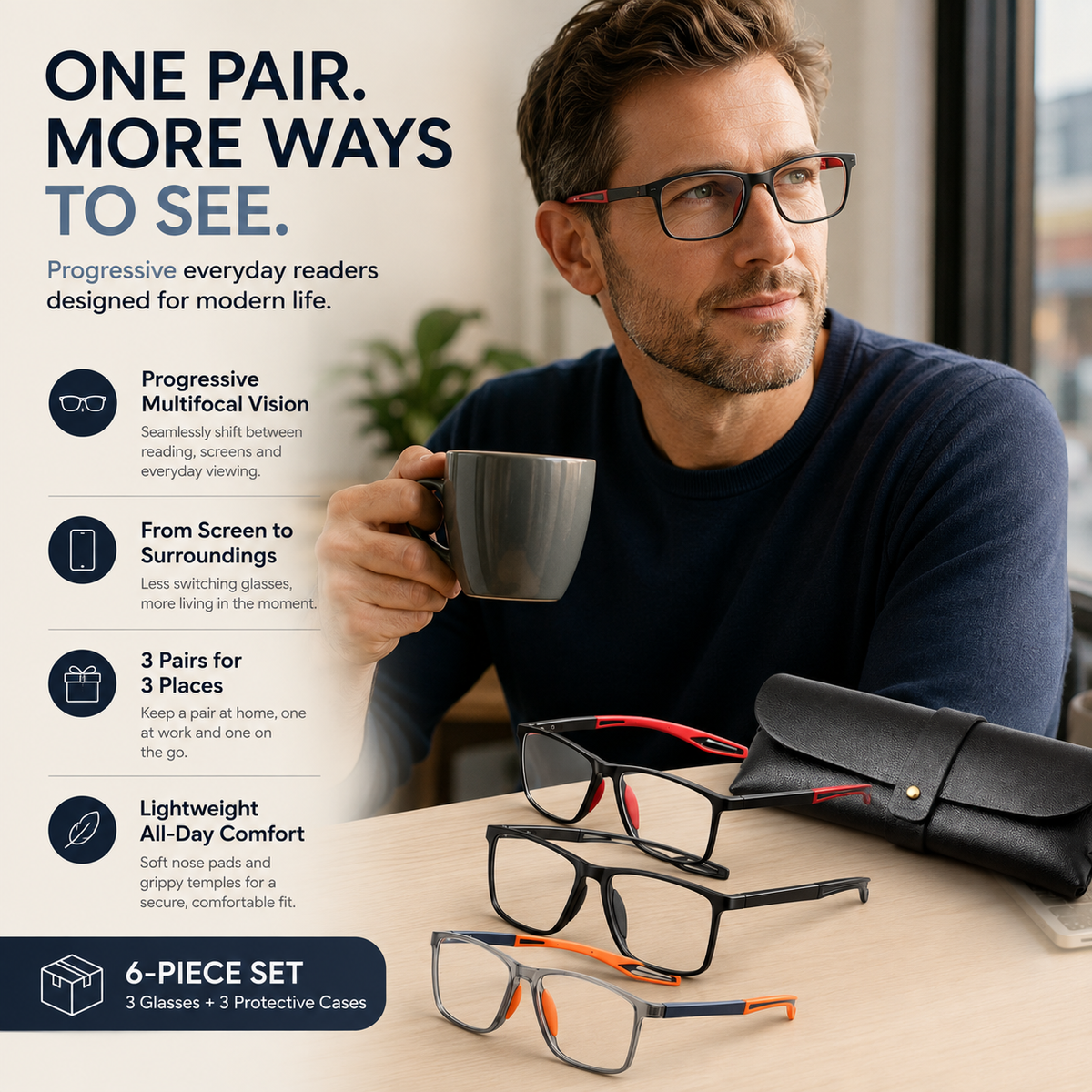 Varifocal Glasses Mens, Vision Sync Multifocal Glasses, Automatic Zoom Reading Glasses with Progressive Lenses, 6‑Piece Set with Smart Zoom Technology in Multiple Frame Colours