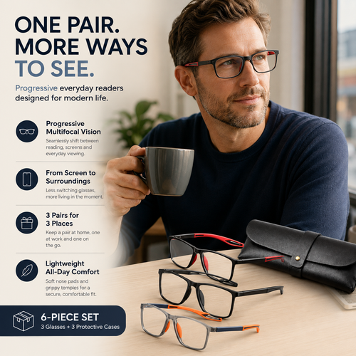 Varifocal Glasses Mens, Vision Sync Multifocal Glasses, Automatic Zoom Reading Glasses with Progressive Lenses, 6‑Piece Set with Smart Zoom Technology in Multiple Frame Colours