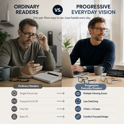 Varifocal Glasses Mens, Vision Sync Multifocal Glasses, Automatic Zoom Reading Glasses with Progressive Lenses, 6‑Piece Set with Smart Zoom Technology in Multiple Frame Colours