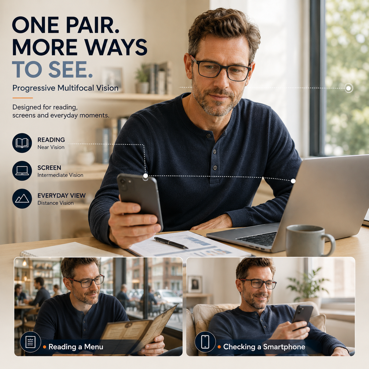 Varifocal Glasses Mens, Vision Sync Multifocal Glasses, Automatic Zoom Reading Glasses with Progressive Lenses, 6‑Piece Set with Smart Zoom Technology in Multiple Frame Colours