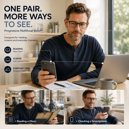 Varifocal Glasses Mens, Vision Sync Multifocal Glasses, Automatic Zoom Reading Glasses with Progressive Lenses, 6‑Piece Set with Smart Zoom Technology in Multiple Frame Colours