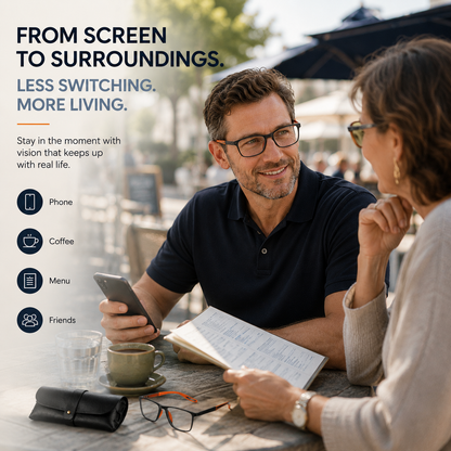 Varifocal Glasses Mens, Vision Sync Multifocal Glasses, Automatic Zoom Reading Glasses with Progressive Lenses, 6‑Piece Set with Smart Zoom Technology in Multiple Frame Colours