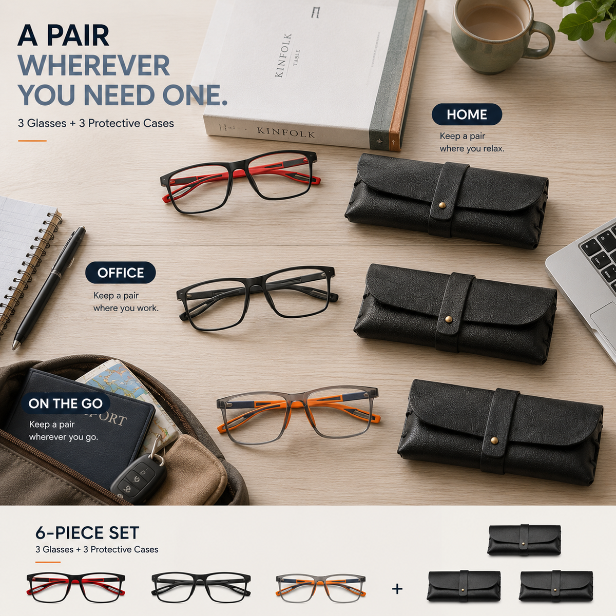 Varifocal Glasses Mens, Vision Sync Multifocal Glasses, Automatic Zoom Reading Glasses with Progressive Lenses, 6‑Piece Set with Smart Zoom Technology in Multiple Frame Colours