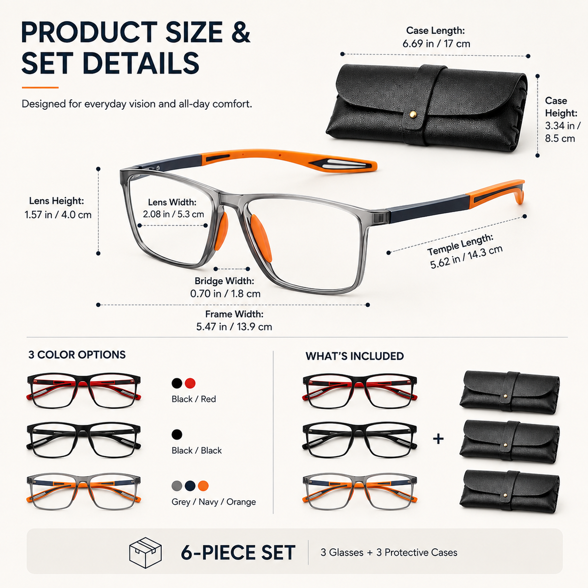Varifocal Glasses Mens, Vision Sync Multifocal Glasses, Automatic Zoom Reading Glasses with Progressive Lenses, 6‑Piece Set with Smart Zoom Technology in Multiple Frame Colours