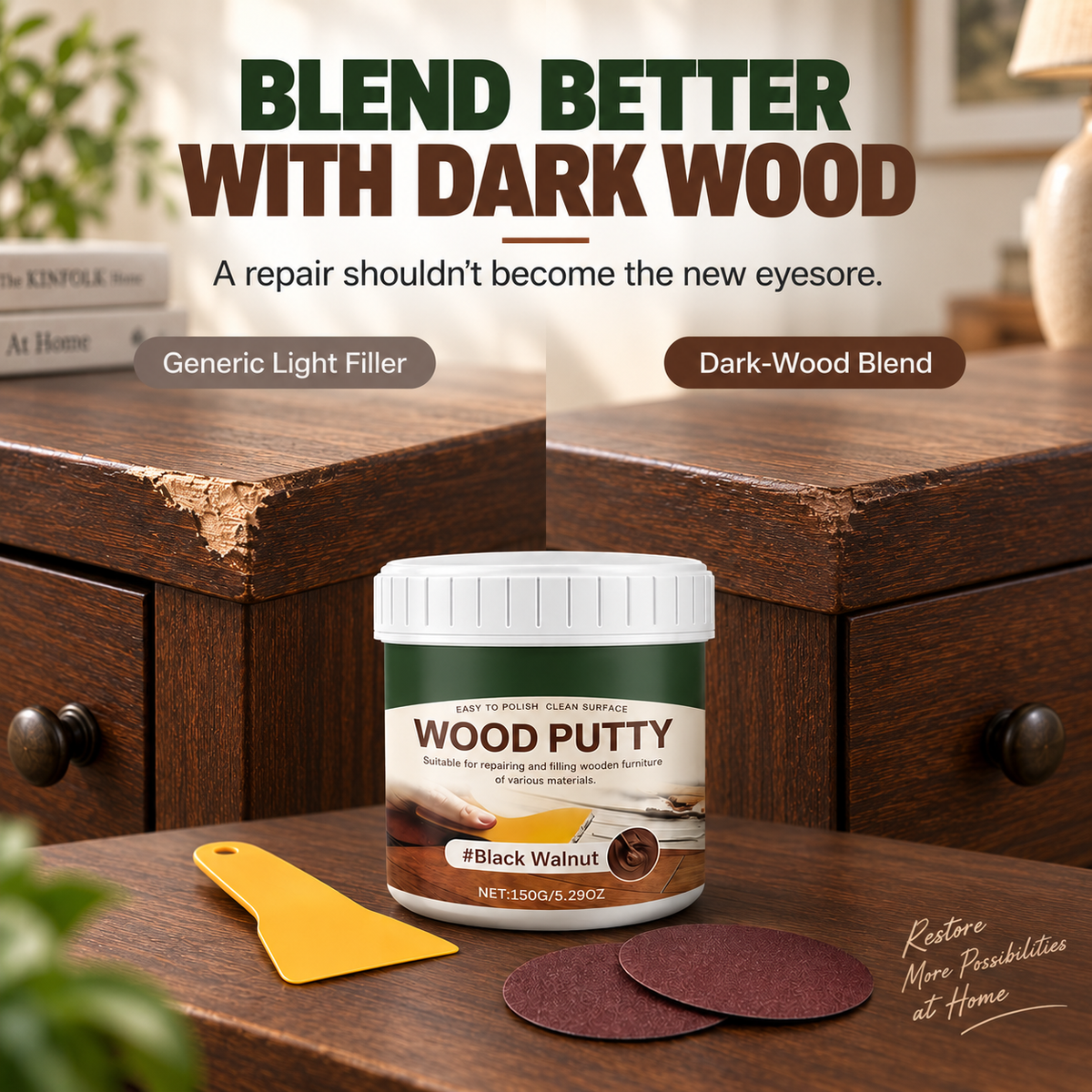 🟫 Wood Repair Filler Putty – Fills Cracks & Chips, Smooths Surfaces, Blends with Dark Wood
